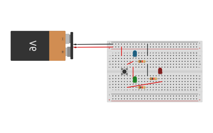 Circuit design Circuito 7 : Un pulsador 3 leds - Tinkercad