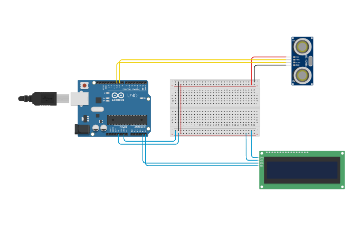 Circuit design Ultrasonic Sensor with LCD - Tinkercad