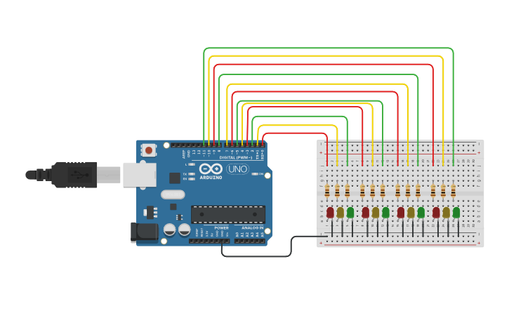 Circuit design 4-way traffic light system - Tinkercad