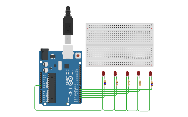 Static Led Projects Circuit design Running light (static LEDs) - Tinkercad