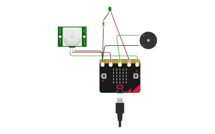 Circuit design Microbit - Motion Sensing Alarm and LED - Tinkercad