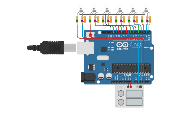 Circuit design RGB LED chaser with Arduino - Tinkercad