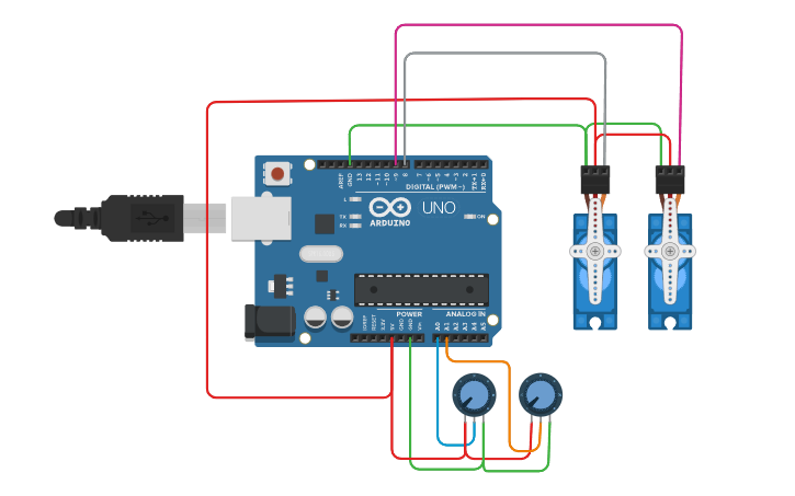 Circuit design Arduino- Two Servo motors control using pot - Tinkercad