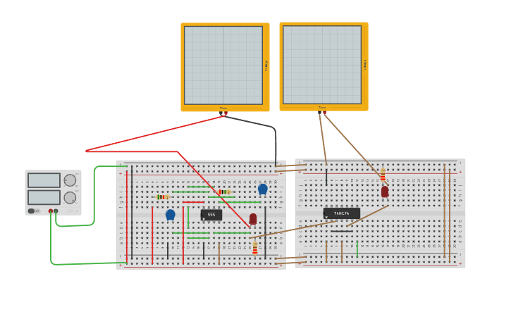 Circuit design 555 TIMER AND D FLIP FLOP - Tinkercad