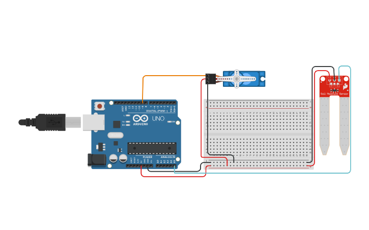 Circuit design servo motor with water level sensor - Tinkercad
