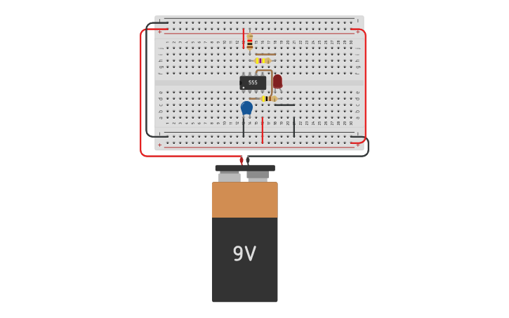 Circuit design flashing led with 555 - Tinkercad
