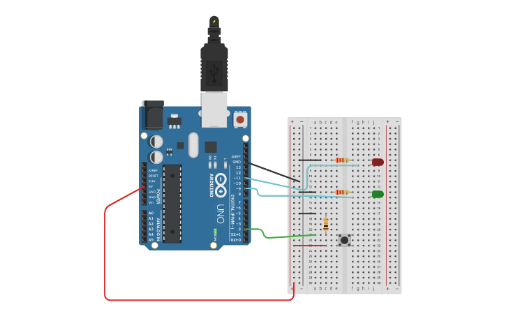 Circuit design 2 diodos led con pulsador - Tinkercad