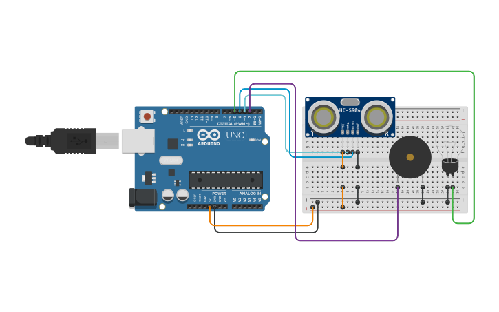 Circuit design Proximity alert buzzer - Tinkercad