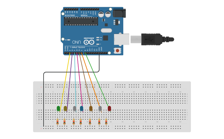 Circuit design prender 7 leds - Tinkercad