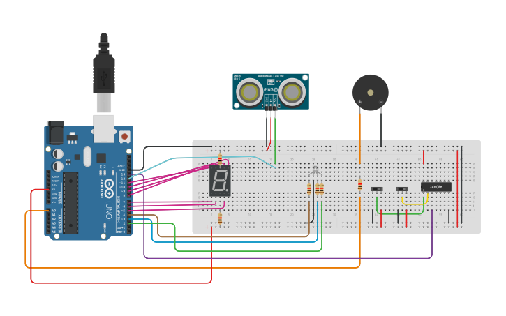 Circuit design DISTANCE MOTION SENSOR WITH LOGIC AND GATE - Tinkercad