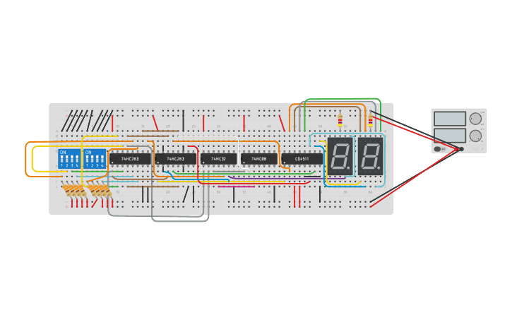 Circuit design BCD Adder with 7 segment displays WORKS - Tinkercad