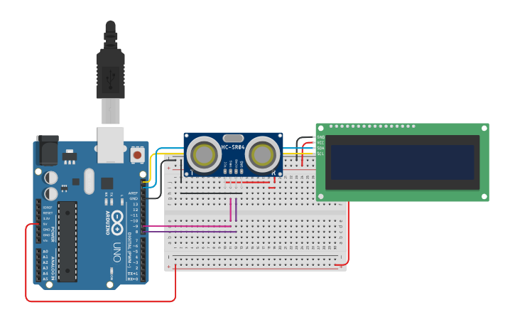 Circuit design Ultrasonic Sensor w/ LCD Display - Tinkercad