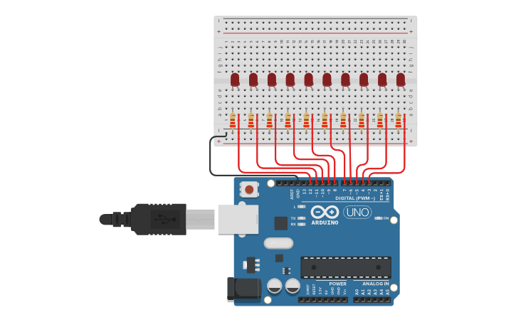 Circuit design Bouncing LEDs v2 - Tinkercad