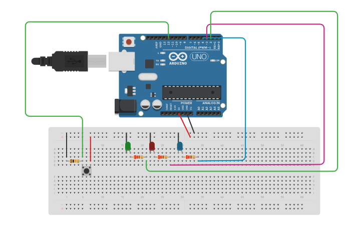 Circuit design 3 leds con pulsador y contador - Tinkercad