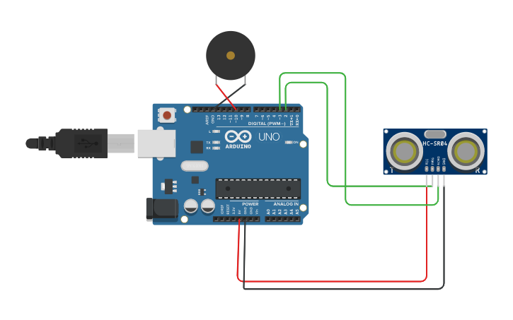 Circuit design Door Distance buzzer - Tinkercad