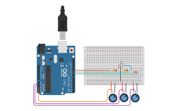 Circuit design Activity 01: RGB with 3 Potentiometers - Tinkercad