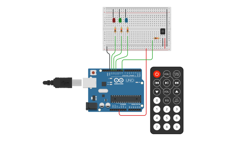 Circuit design IR Remote Led on/off - Tinkercad