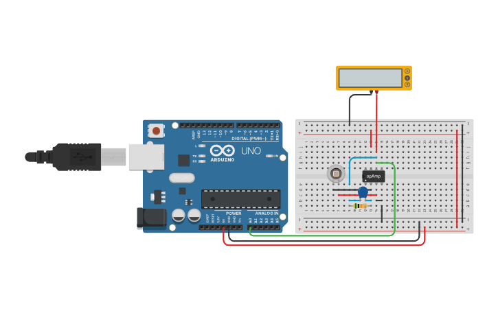 Photodiode Connection Arduino Circuit design Arduino Photodiode opAmp - Tinkercad