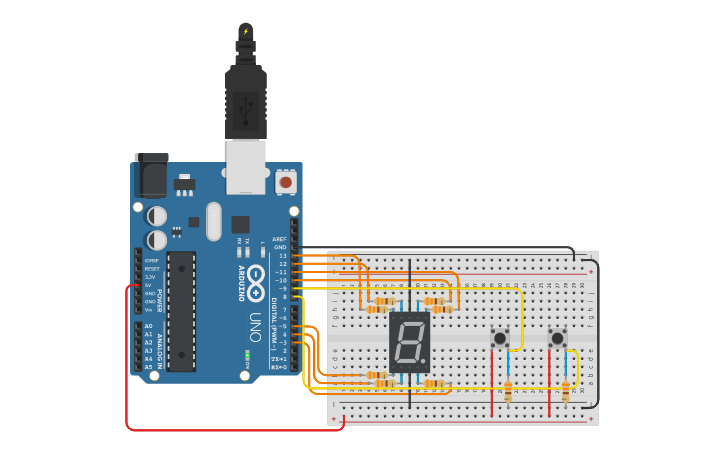 Circuit design 2. Display 7 segmentos con pulsadores - Tinkercad