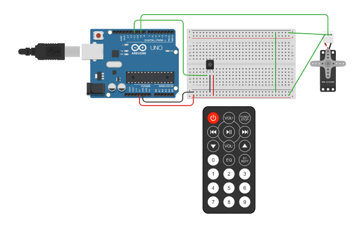 IR Remote and IR Sensor controls SERVO Motor Rotation - Tinkercad