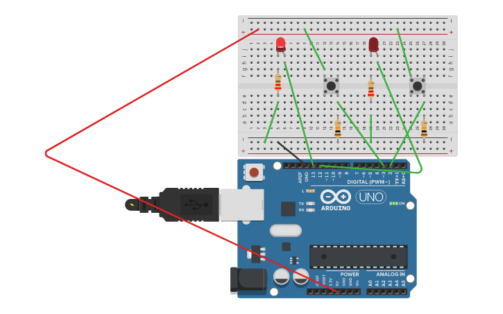 Circuit design dos pulsadores y dos leds - Tinkercad