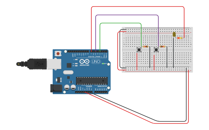 Circuit design encender y apagar led con 2 pulsadores - Tinkercad