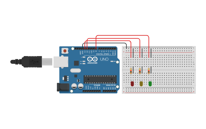 Circuit design Encendiendo 3 leds con Arduino y Breadboard - Tinkercad