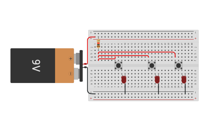Circuit design Circuito con 3 LEDS y 3 pulsadores - Tinkercad