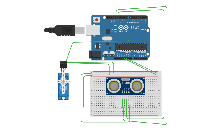 Circuit design Control motor servo dengan sensor ultrasonic - Tinkercad