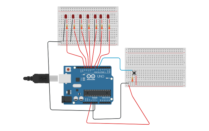 Circuit design LED Pattern with Push button using Arduino - Tinkercad