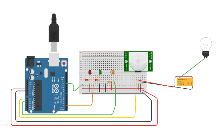 Circuit design Arduino + PIR + LDR + LEDS - Tinkercad