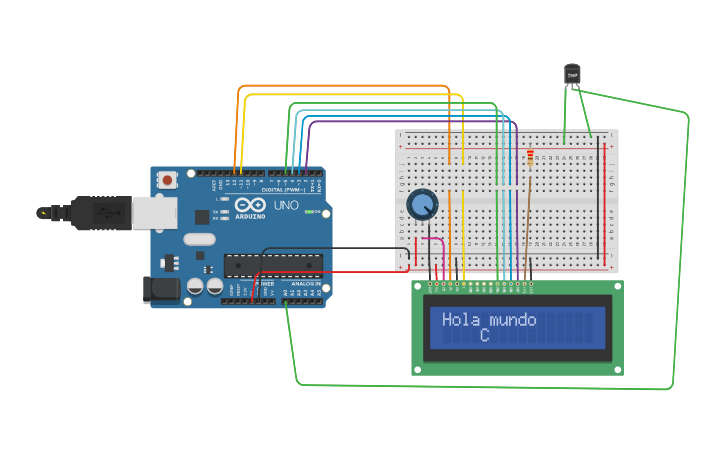 Circuit design Arduino - LCD y Sensor de temperatura - Tinkercad