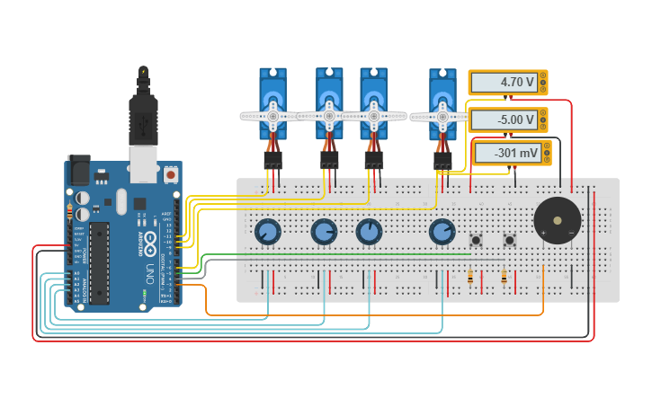 Circuit design Robotic arm 4DoF with learning code - Tinkercad