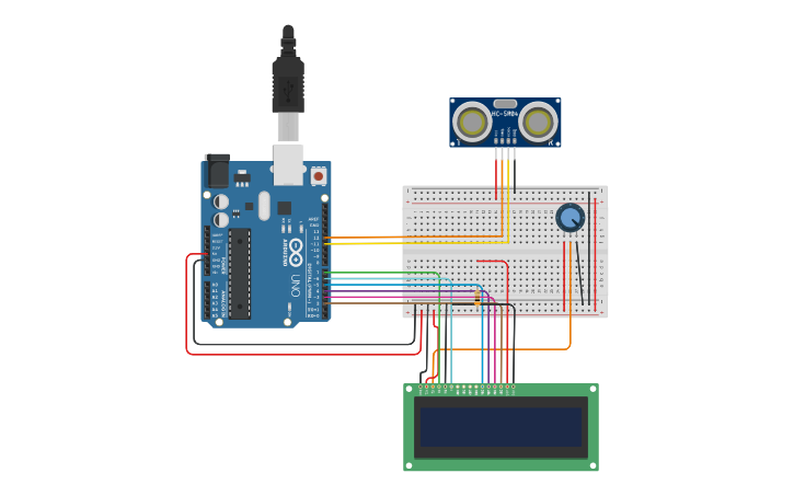 Circuit design Ultrasonic Sensor with LCD - Tinkercad