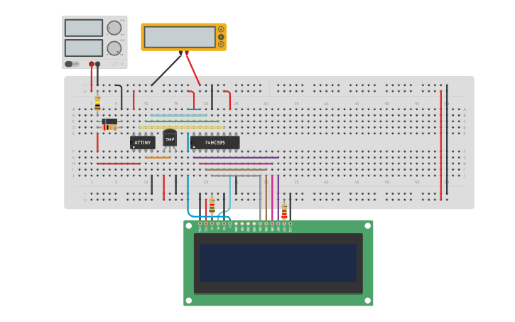 Circuit design ATTiny + Shift Register Thermometer - Tinkercad
