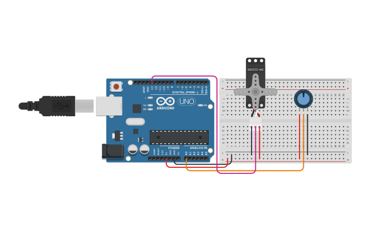 Circuit design Mengontrol Motor Servo dan Potentiometer - Tinkercad