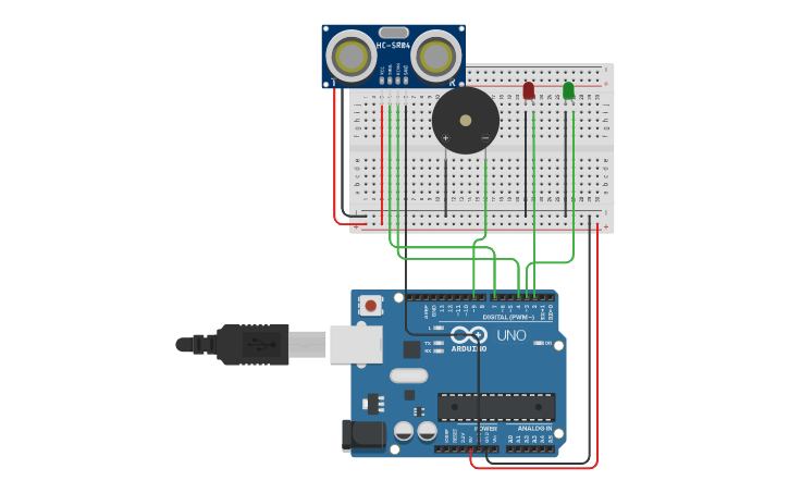 Circuit design Ultrasonic Sensor with Buzzer - Tinkercad