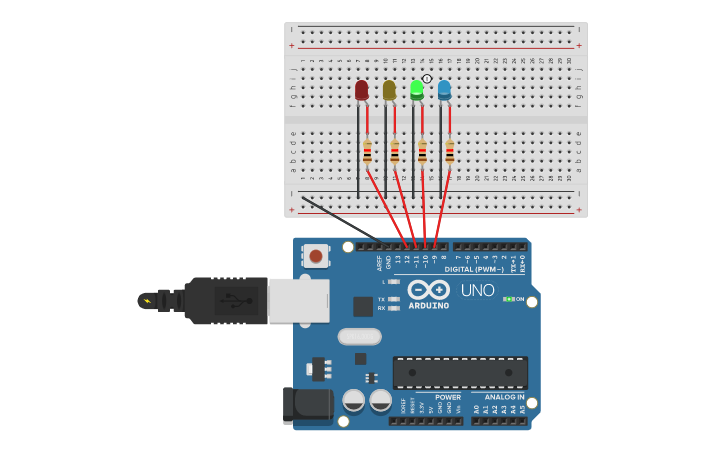 Circuit design 4 LED Blink in Order - Tinkercad