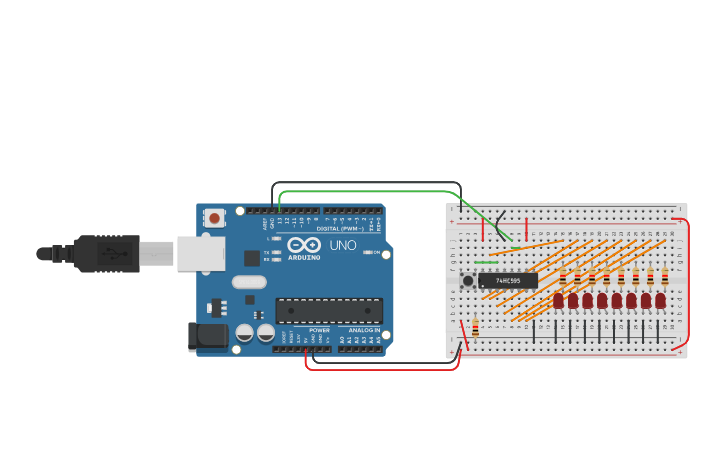 Circuit design Shift Register with Clk from Pin 13 - Tinkercad