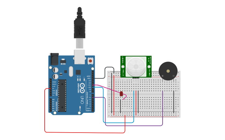 Circuit design moving sensor with buzzer - Tinkercad