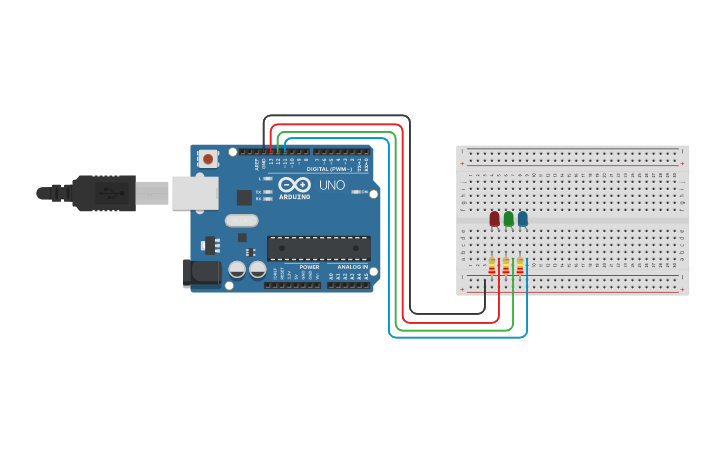 Circuit design 3 LED Blink - Tinkercad