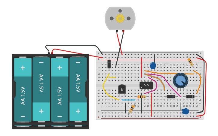 Circuit design 555 DC motor driver - Tinkercad