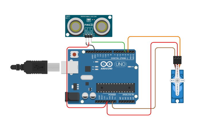 Circuit design sensor de distancia con servomotor - Tinkercad