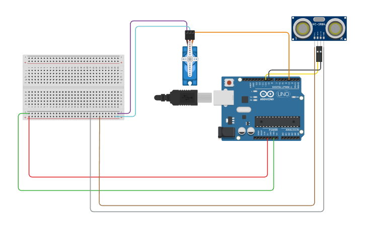 Circuit design servo and ultrasonic for door opener - Tinkercad