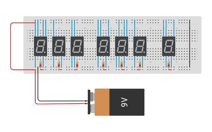 Circuit design Mi nombre con displays de 7 segmentos - Tinkercad