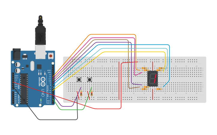 Circuit design 7 segment LED - Tinkercad