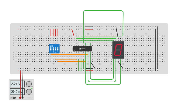 Circuit design 7 segment display with decoder - Tinkercad