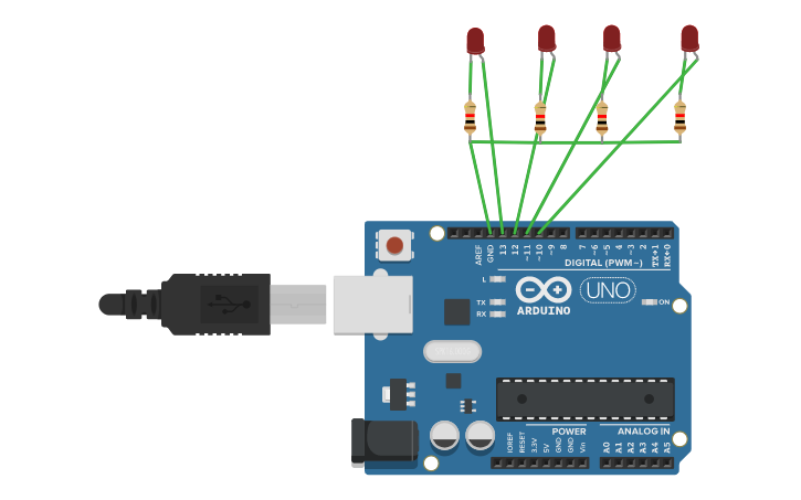 Circuit design 4 leds - Tinkercad
