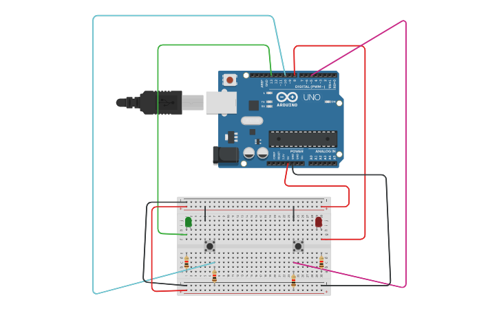 Circuit design Using two pushbuttons to control two LEDs - Tinkercad