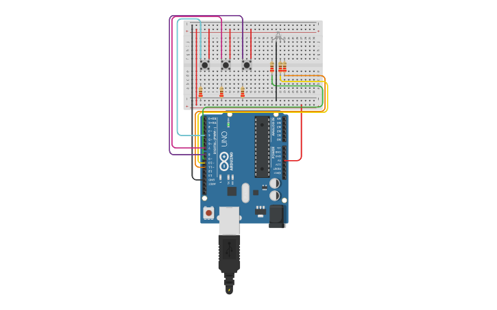 Circuit design RGB con 3 pulsadores - Tinkercad